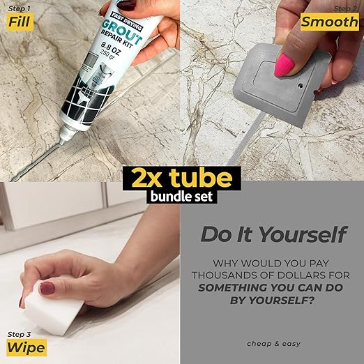 PentaUSA Premixed Tile Grout Repair Kit 2 Pack - Gray Acrylic Sanded Grout Filler for Bathroom, Shower, Kitchen Tile Water-Resistant Tubes with Applicator, Fast Drying, Total (2 x 250g / 17.6oz)