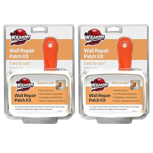 Kraken Bond Drywall Patch Repair Kit - (2x8 fl.oz.) Easy to Use Wall Patch Repair Kit for Drywall Hole & Cracks, Includes Aluminum Self-Adhesive Patch, Grit Sandpaper, Plastic Putty Knife, 2 Pack