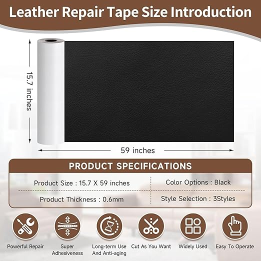 Black Leather Repair Tape, 15.7" x 59" Heavy Duty Large Vinyl Repair Patch, Waterproof Self Adhesive Leather Repair Kit for Fixing Holes & Scratches on Couch, Car Seat, Furniture