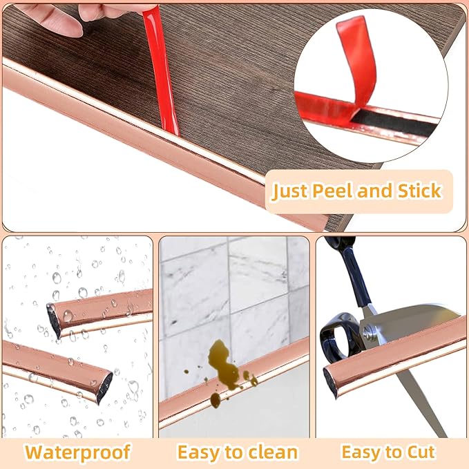 22Ft Rose Gold Peel and Stick Trim, Large Molding for Walls, Edges, Borders, Window Frames, Backsplash Tiles - Flexible and Self Adhesive (5 Colors)