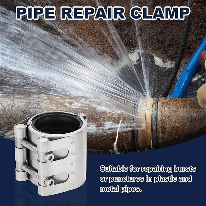 HARFINGTON Pipe Repair Clamp 2-1/4" OD 56mm-59mm 304 Stainless Steel Leak Sealer Emergency Pipe Repair for Plastic Metal Tubing Water Gas Oil Lines, Silver