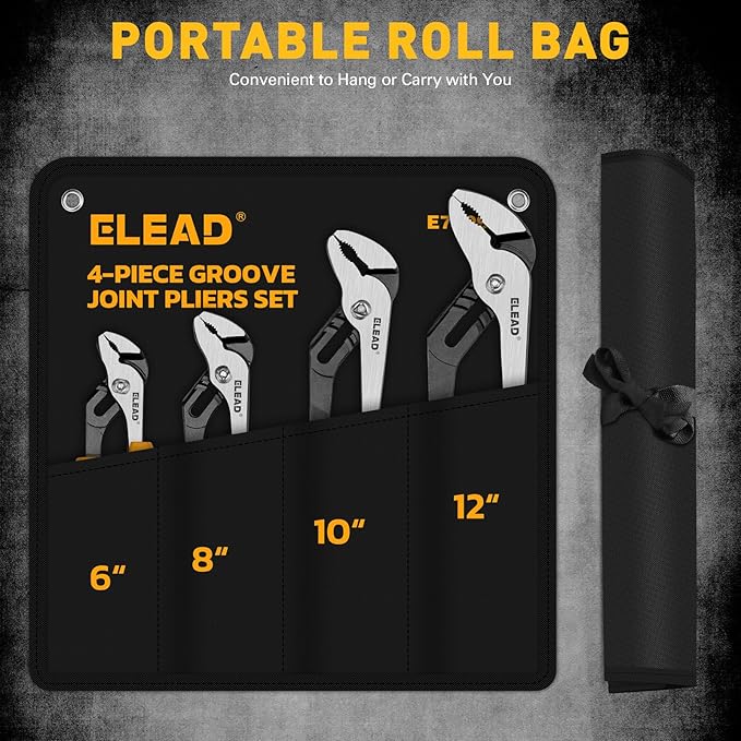 ELEAD 4-Piece Groove Joint Pliers Set, 12/10/8/6 Inch Adjustable Water Pump Pliers with Tool Roll Bag, Tongue and Groove for Home Repair, Gripping, Nuts, Bolts, Pipe & Fittings