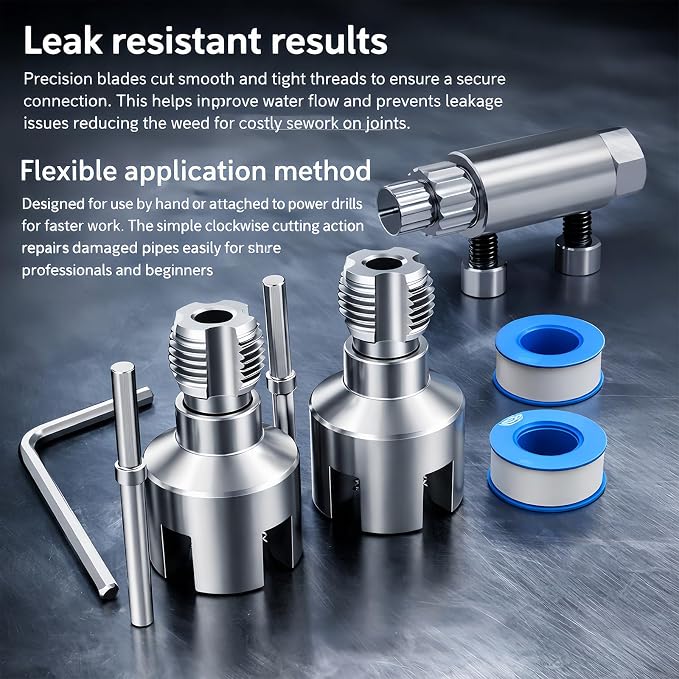 PVC Pipe Repair Tool Kit for 1/2", 3/4" & 1" Plastic Pipes, 3PCS Internal & External Thread Cleaning Tool Set, Manual Control Recommended with Broken Pipe Extractor & PTFE Tape