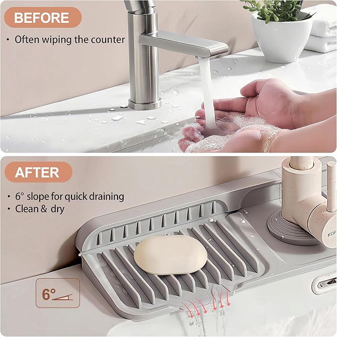 18 inch Silicone Faucet Mat for Kitchen Sink - 6° Slope & Fasten Button Design, Quick-Dry Splash Guard Water Catcher Behind Faucet, RV/Bathroom Safe (Gray)