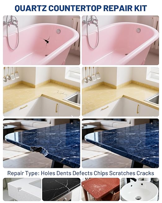 Tile, Marble and Granite Repair Kit (Color Match), 160g/5.64oz Quartz Countertop Repair Kit for Holes Dents Defects Chips Scratches Cracks, Fix Porcelain Stone Reattaches Corian Other Hard Surfaces