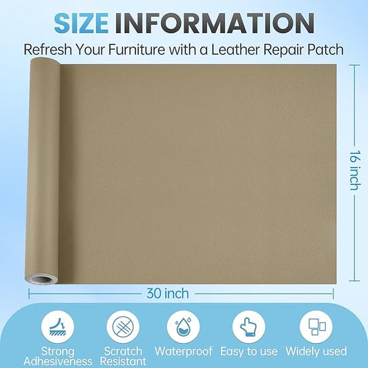 Leather Repair Patch Tape Kit, 16" x 30" Self Adhesive Leather Repair Patch for Furniture, Vinyl Leather Repair Kit for Car Seat, Chairs, Couch, Sofa, Boat Beige