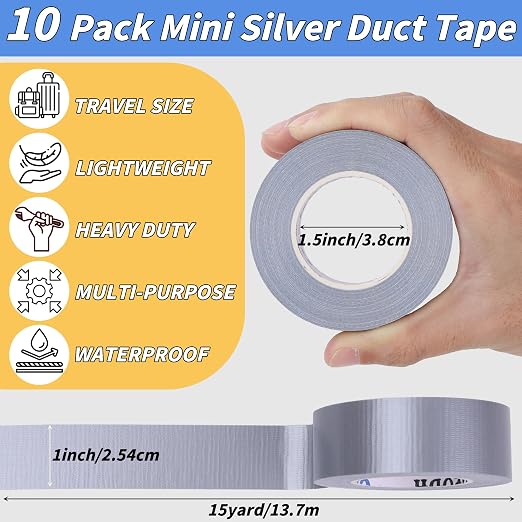 10 Pack Mini Silver Duct Tape, 1" X 150 Yards Travel Size Duct Tape, Pocket Size Heavy Duty Waterproof No Residue Tear by Hand, Multi-Use for Indoor & Outdoor Repairs, travel camping DIY projects