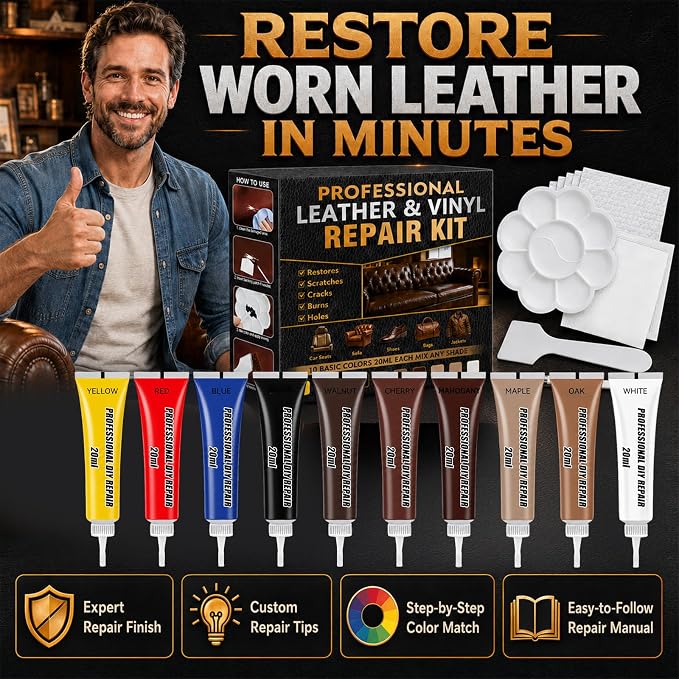 Leather Repair Kit, 10 Colors Vinyl Repair Kit, with Detailed Instructions, Professional Repair Leather Scratch, Tear, Hole, Peeling, Ideal for Car Seats and Furniture, Sofa, Jacket, Shoes, Purse