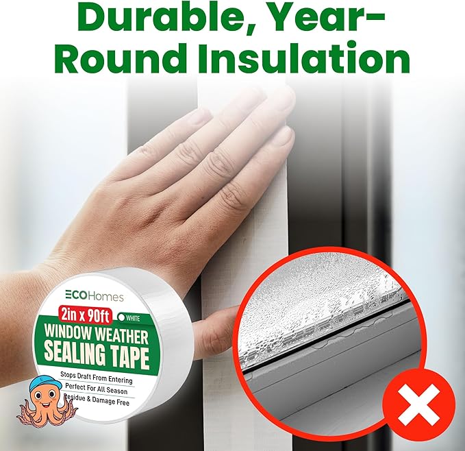 ECOHomes Window Weather Sealing Tape | Winter Weather Stripping Tape to Block Cold Drafts Through Window Gaps and AC Units, Insulation Seal and Draft Blocker for Home (4 Inch by 90 FT, White)