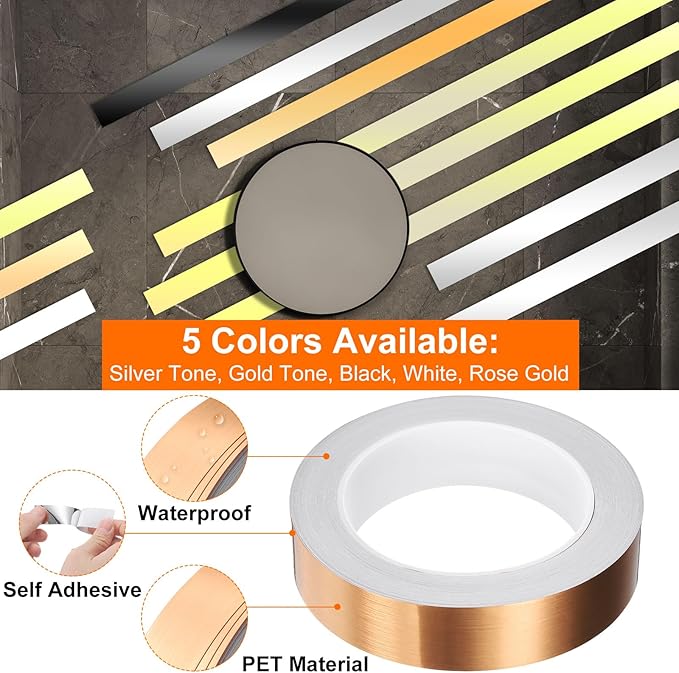 HARFINGTON 2Pcs Floor Tiles Rose Gold Foil Lines Metallic Mirror Tape 0.98" x82 Ft Ft Self Adhesive Decor Floor Wall Seam Sticker Waterproof Gap Sealing Tape for Kitchen Bathroom Cabinet