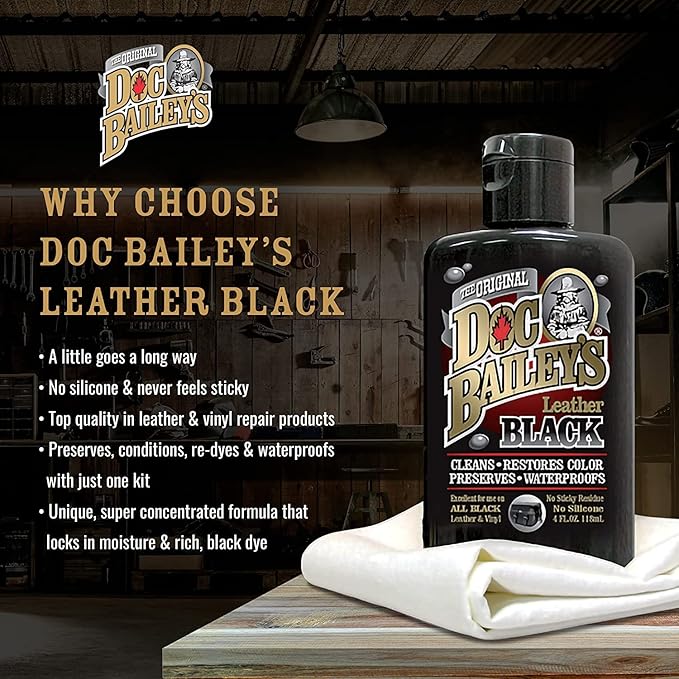 Black Leather Detail Kit - All-in-One Leather Cleaner, Conditioner, Dye & Waterproofer - Restores Faded Black Leather, Vinyl & Rubber for Motorcycle Seats, Jackets, Boots & Cars 4oz