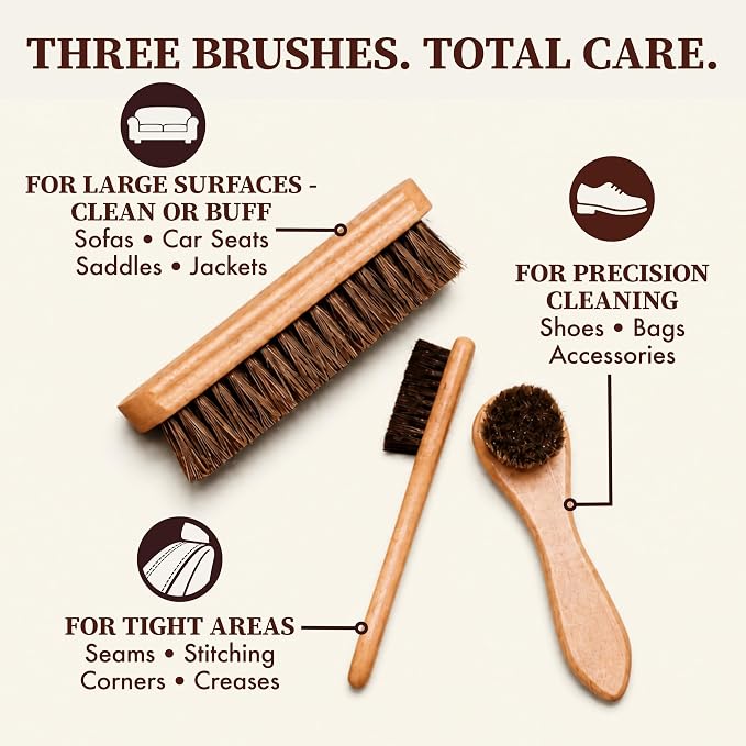 Lexol Horsehair Detailing Brush Set – Professional 3‑Piece Leather Cleaning & Care Kit for Bags, Shoes, Accessories, Upholstery & More – Soft, Scratch‑Free Natural Horsehair Brushes