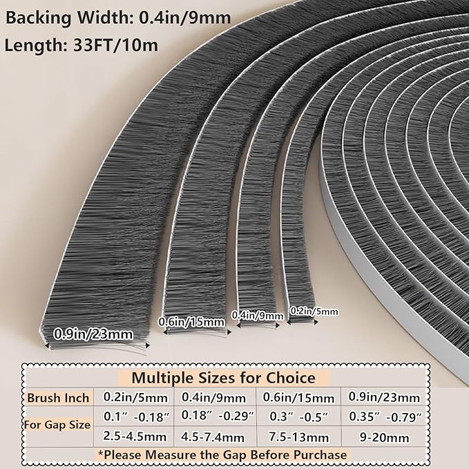 Brush Weather Stripping 0.2in(T) x 0.4in(W) x 33FT Grey Door Seal Strip for Door Frame, Sliding Glass Door Draft Stopper Window Soundproofing Bristle Door Sweep Weatherstripping