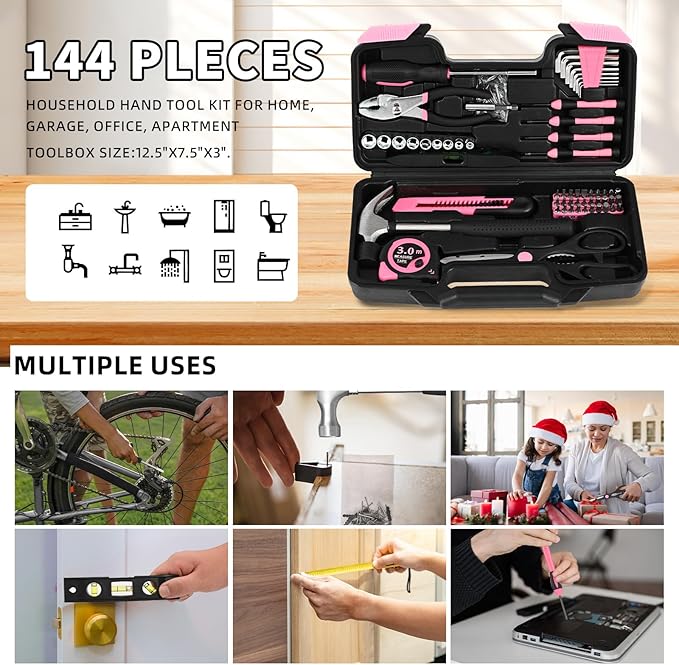 144-Piece Pink Tool Kit Basic Home Repair Tool Set General Household Hand Tool Kit Small Tool Kit with Plastic Toolbox basic home tool kit for Women, Office & College Repairs