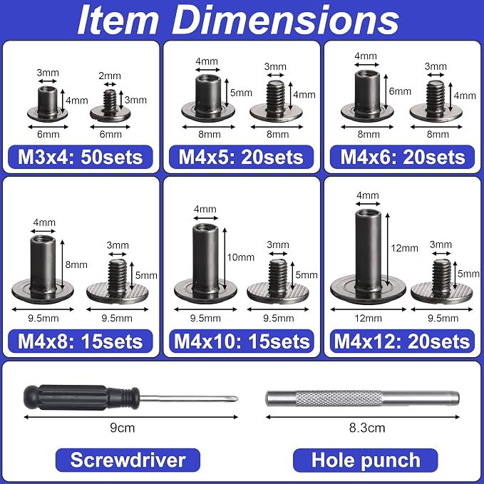 YORANYO 140 Sets Chicago Screws Leather Rivets Kit for Fabric Leather Crafting 6 Sizes Chicago Binding Screws for Decorate and Repair Belt Bag Shoes Purse Pet Collar Clothing Bookbinding (Gun-Metal)