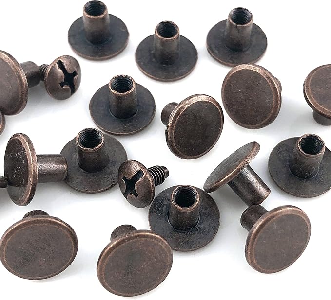 YORANYO 100 Sets Antique Copper Round Flat Head Chicago Screws for Leather Chicago Rivets Kit Button Studs Leather Rivets Chicago Screw for Leather Crafting Clothing Shoes Belts Bags 25/64 Inch