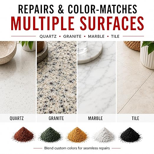 Instant Install 29 Complete - 20 oz Epoxy Permanent Repair Kit with EZ-Tint 10 g 5-Pack, Mixing Sticks, Razor, & Shaping Strip - Granite, Marble, & Tile - Rebonds & Rebuilds - Dry in 29 Minutes