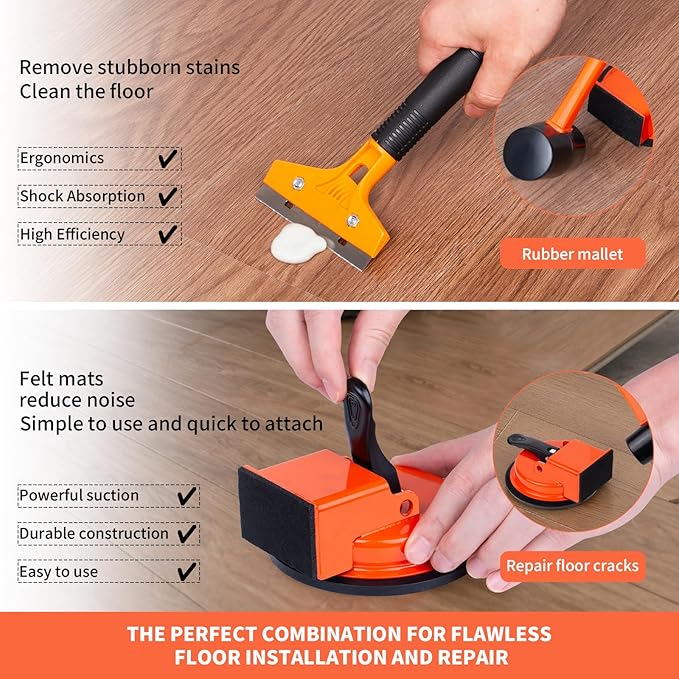 Floor Gap Fixer Tool Kit With Rubber Mallet & Cleaning Scraper,Enhanced Suction Cup Floor Suction Cup Tool, Laminate FloorGap RepairTool for Laminate, Wood, Tile & Vinyl Flooring