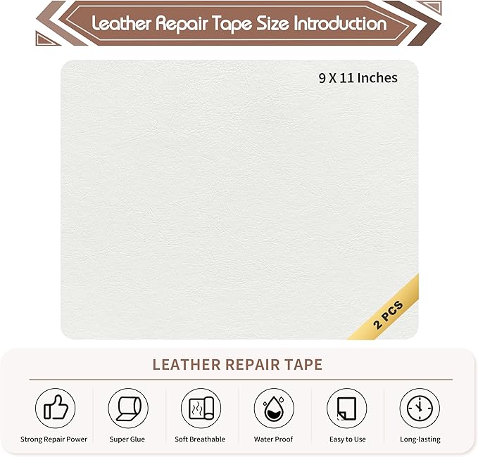 KING MOUNTAIN Leather Repair Patch,2 Packs 9 x 11 Inches self Adhesive Leather Repair Tape for Damaged Leather Furniture, Sofa Seating,Car Seats, Leather Goods（White）
