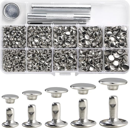 YORANYO 340 Sets Leather Rivets Kit Mixed Sizes Rivets for Leather Double Cap Rivets Studs for Clothing Fabric with Leather Crafting Rivet Tool for Repair Decorate Clothes Shoes Bags Belts (Silver)