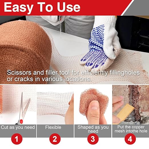 5 Inch×52 ft Copper Mesh Rodent Control, 100% Pure Copper Rustproof Bat Snail Barrier & Sealing Wire for Home, Foundation Gaps, Vent Covers, Gardening with Scissors, Gloves, Trowel