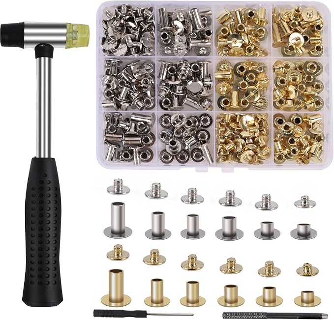110 Sets Chicago Screws Leather Rivets, 6 Sizes (M5*4,5,6,8,10,12) Binding Screws for Leather Craft Belt Bookbinding DIY Repair (Gold & Silver)