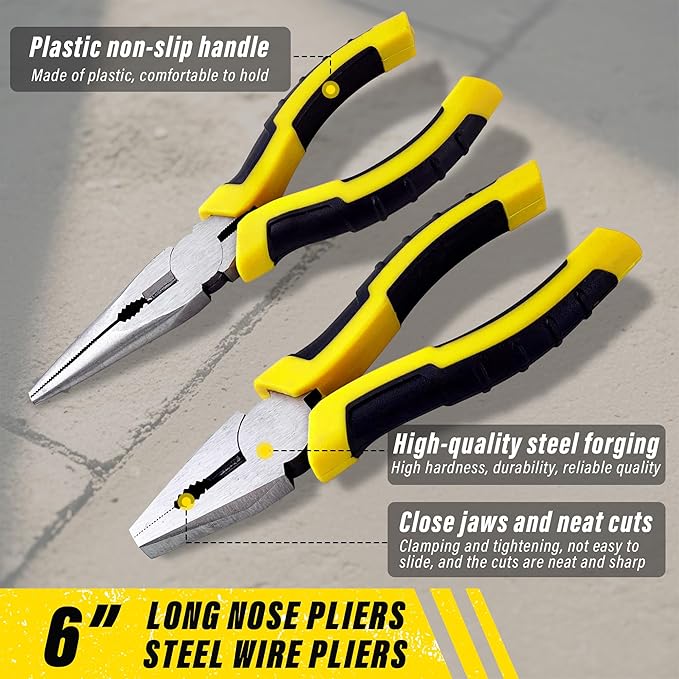 4-Piece Pilers Set with10 Inch Groove Joint Pliers, Adjustable Wrench and 6 Inch Long Nose, Lineman's Pliers for Home Use and DIY Project