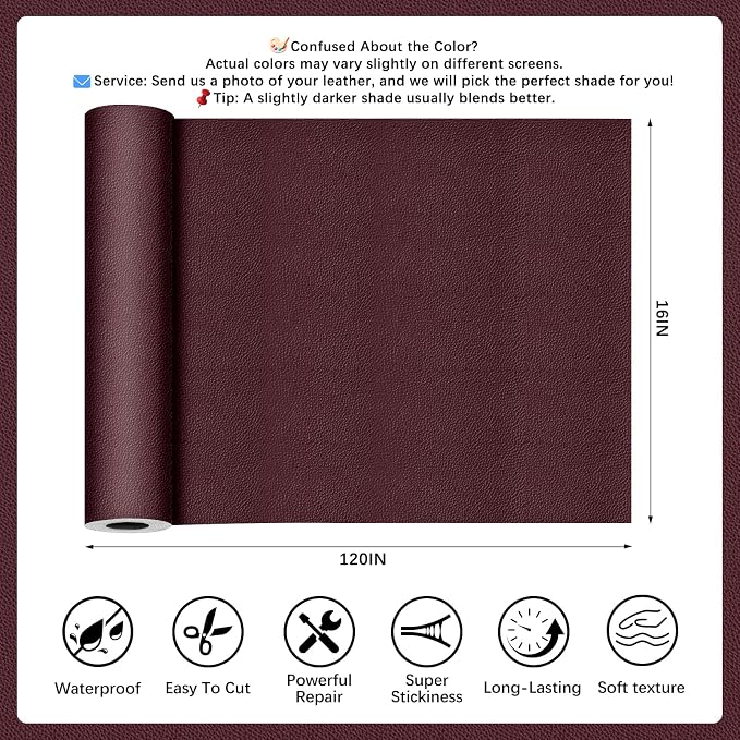 Dark Brown Leather Repair Tape, 16x120 Inch Leather Repair Patch Self-Adhesive, Waterproof Faux Leather Patch, Vinyl Repair Tape for Couch, Sofas, Furniture, Office Chair, Car Seats