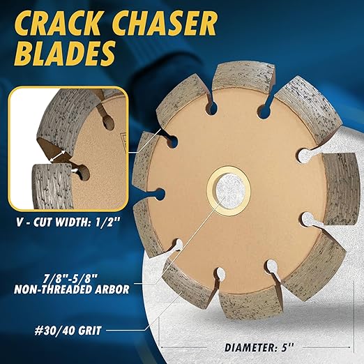 5" Crack Chaser Blade for Cured Concrete, Asphalt Repair or Joint Widen, 0.5" Width, 7/8"-5/8" Non-Threaded Arbor