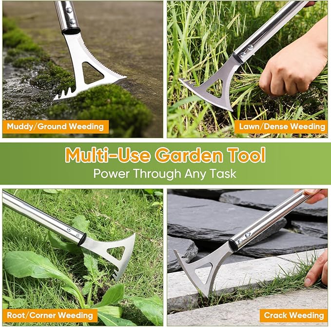 Crack Weeder, 3-in-1 Stainless Steel Weeding Tool with 60" Long Handle - Stand Up Weeder for Driveway, Sidewalk & Deck Crevices - No Bending, Tool-Free Assembly