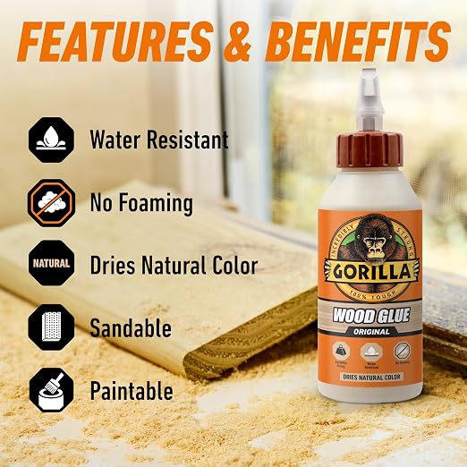 Gorilla Wood Glue, 8 oz., Water Resistant PVA Wood Glue for Indoor & Outdoor Projects, Fast Clamp, Natural Color, Paintable & Sandable