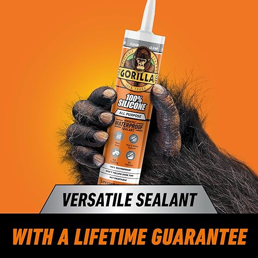 Gorilla 100% Silicone Waterproof Caulk, All‑Purpose Sealant, Mold & Mildew Resistant, Flexible Seal, Clear, 10 oz Cartridge (Pack of 1)