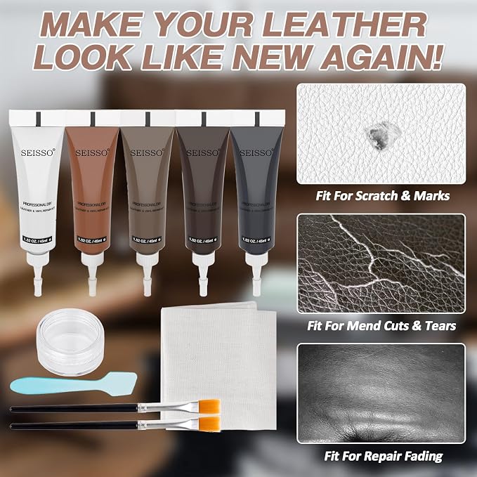 SEISSO Brown Leather Repair Kit for Furniture, Vinyl Couch Repair Kit for Sofa，Restores Any Material, Bonded, Pleather, for Scratch, Tears, Burn Holes with Super Easy Instructions (5 Colors)