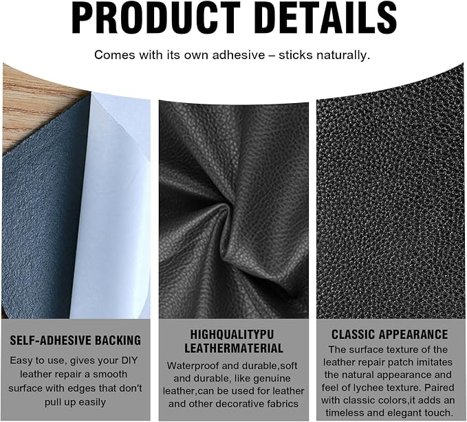2PCS Leather Repair Patch, 4 x 8 Inch PU Self-Adhesive Repair Patch Tape Vinyl Repairs Kit, Portable Car Leathers Repairs Kit for Cars Upholstery Seat,Furniture,Couches,Chairs (Black)