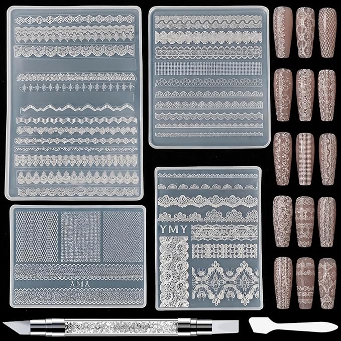 Lace Silicone Nail Molds, 4PCS 3D Lace Nail Art Mold with Carving Pen & Scraper, 3D Gel Nail Charm Mold for Nail Art Design, DIY Crafts, Resin Jewelry Decor