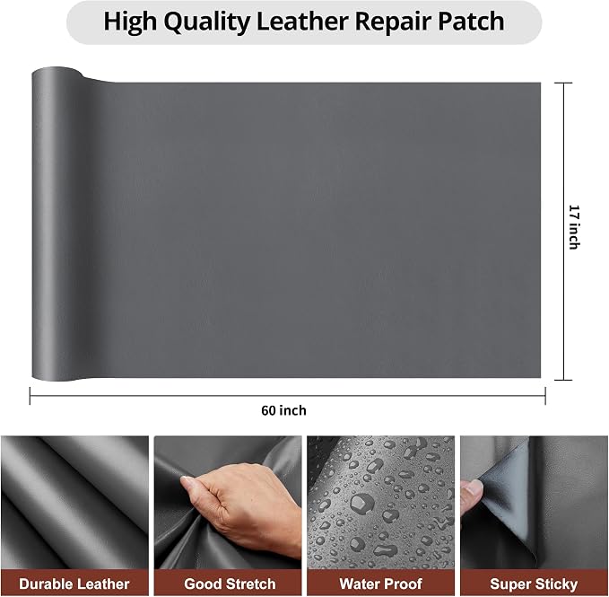 Leather Repair Patch Tape,17x60 inch Large Self Adhesive Leather Repair,Vinyl Repair Patch Kit for Couches, Car Seats, Chairs, Furniture17X60 inch,Grey