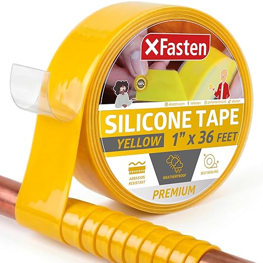 XFasten Self Fusing Silicone Tape Waterproof – 1" x 36 Feet Yellow, Self Amalgamating Tape, Silicone Rubber for Plumbing, Sealing Pipes, Hose Repair, Outdoor Coax and Electrical Cables – Weatherproof