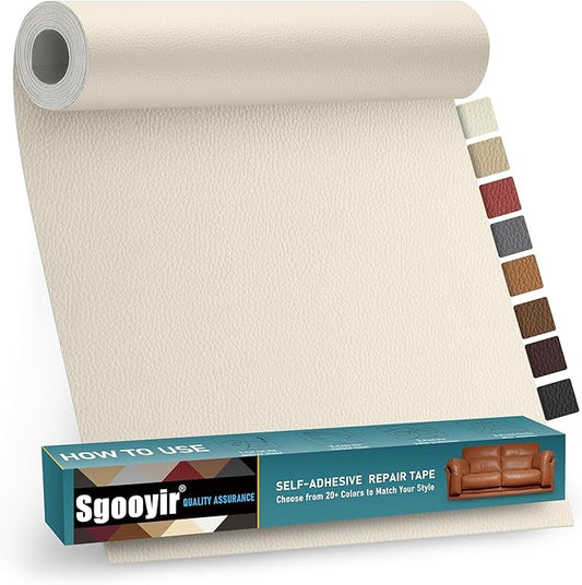 Leather Repair Patch Tape Kit, 16" x 30" Self Adhesive Leather Repair Patch for Furniture, Vinyl Leather Repair Kit for Car Seat, Chairs, Couch, Sofa, Boat Light Ivory