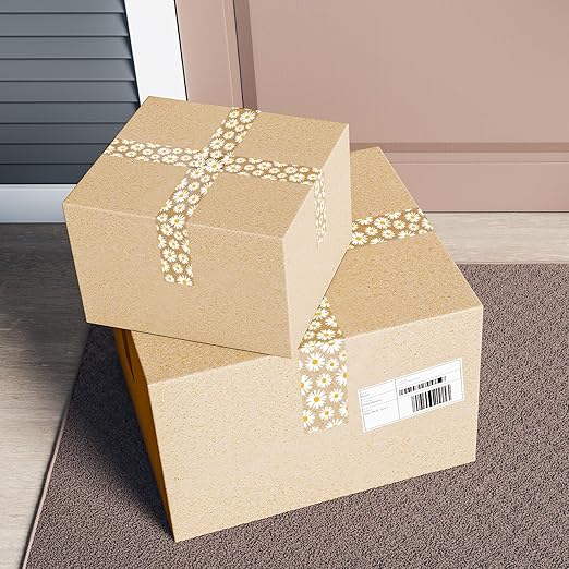 Whaline 109 Yard Groovy Daisy Packing Tape White Boho Flower Pattern Tape Waterproof Floral Shipping Tapes for Small Business DIY Crafts Box Carton Decor