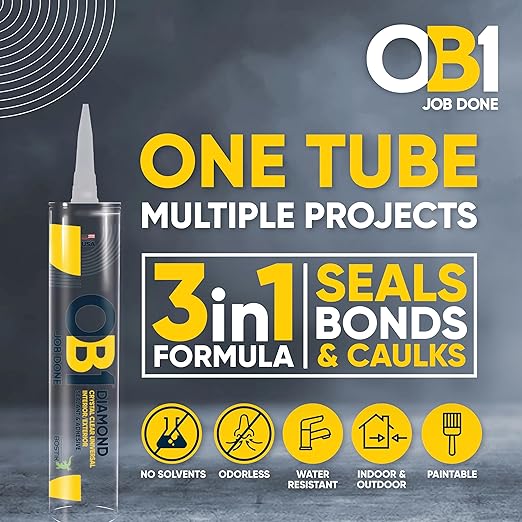 OB1 Universal Caulk Sealant & Adhesive Diamond Crystal Clear 10.1oz | Professional Grade All-in-One Advanced Hybrid | Water Resistant Internal & External | Shrink Crack & UV Resistant | 1 Cartridge