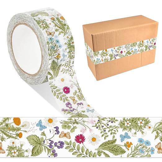 JarThenaAMCS 109 Yard Wildflower Packing Tape Spring Vintage Floral Decorative Sticky Gift Wrapping Tape Shipping Tapes for DIY Crafts Small Business Sealing Boxes Mail Boxes