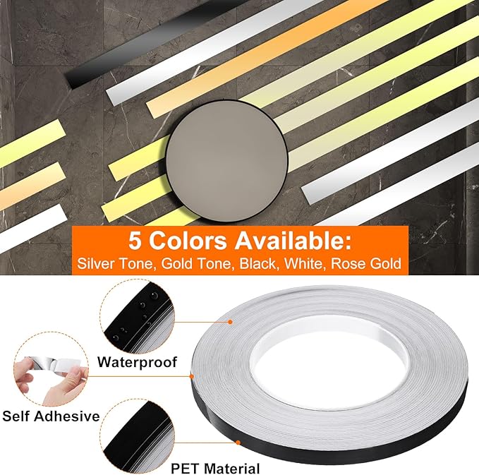 HARFINGTON 2Pcs Floor Tiles Black Foil Lines Metallic Mirror Tape 0.39" x164 Ft Self Adhesive Decor Floor Wall Seam Sticker Waterproof Gap Sealing Tape for Kitchen Bathroom Cabinet