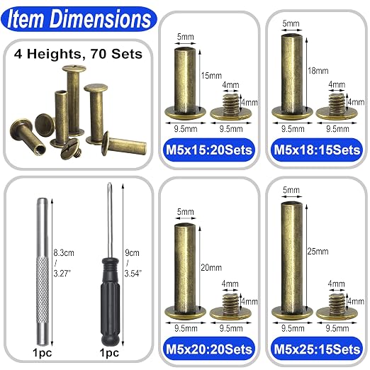 YORANYO 70Sets Chicago Screws Leather Rivets Assorted Screw Rivets Chicago Binding Screws for Decorate and Repair Leather Craft Belt Bag Shoes Purse Bookbinding (Bronze, M5*15,18,20,25)