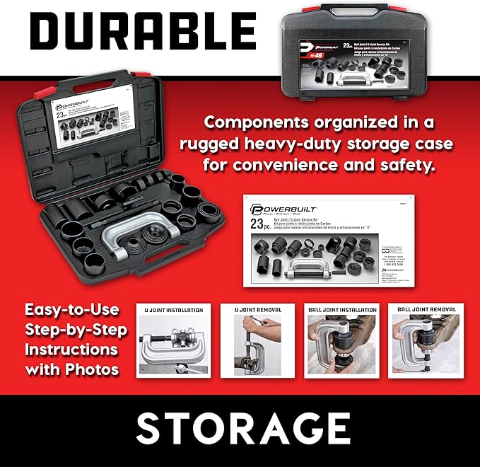 Powerbuilt Ball and U Joint Service Set, 23 Piece Tool Kit, Remove and Install Ball Joints, Receiving Tube, Adapters, Sockets - 648617