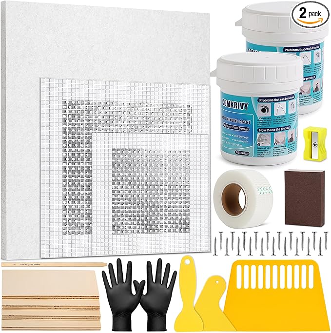 37 Pcs Drywall Repair Kit with 12"x12" Dry Wall Panel, Dry wall Patch Kit Sheetrock Repair Kit with Spackle, Mesh Tape, Putty Knives & Sanding Block for Sheet Rock Wall Surface Ceiling Large Hole Fill