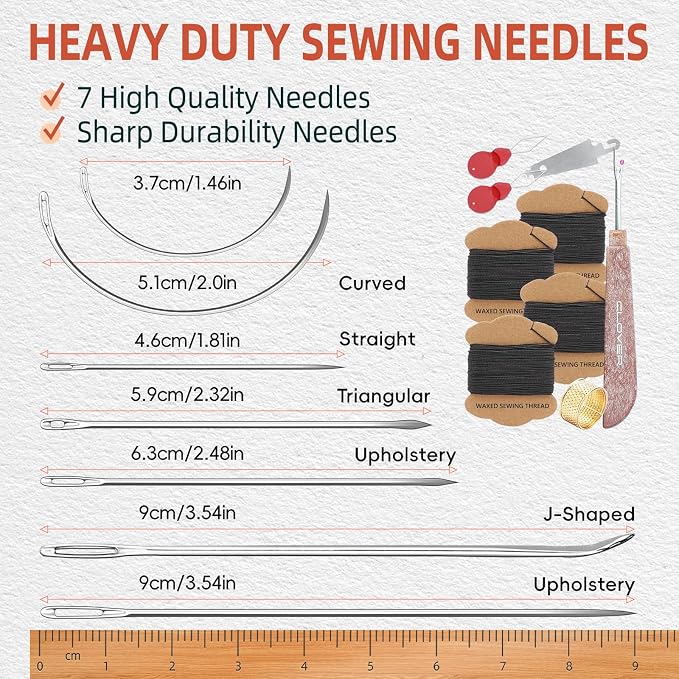 Upholstery Repair Kit: Extra Strong Waxed Sewing Thread 4 Rolls (Black Color) &Heavy Duty Household Hand Needles (7 PCS) for Leather, Canvas, Bookbinding & Quilting Thread