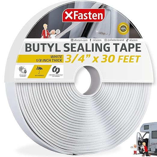XFasten Butyl Sealing Tape, White, 1/8-In x 3/4-In x 30-Foot Plumbers Putty Tape, RV and Boat Sealant