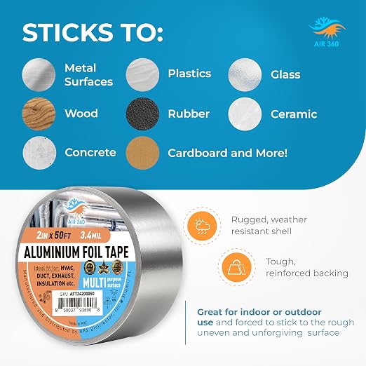 Air 360 Aluminum Foil Tape 2 Inch x 100 FT - HVAC Foil Tape for Ductwork, Dryer Vent, AC & Pipe Insulation - Heavy Duty High Temp Heat Resistant Metal Duct Tape, Waterproof Aluminum HVAC Tape