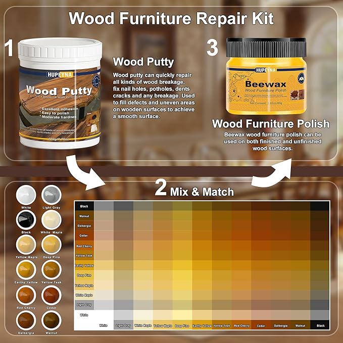 Hupeyna Wood Furniture Repair Kit, 21 Pcs Touch Up Wood Putty, Wood Fillers and Beeswax - Repair Cracks, Scratch, Hole, Discoloration for Wooden Floor, Door, Laminate, Table, Cabinet Surfaces