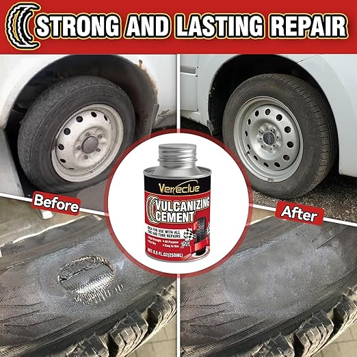 Chemical Vulcanizing Cement, Clear Tire Repair Glue, All Purpose Rubber Cement, Heavy Duty Tire Patch Kit with Brush Top Can for Car, Motorcycle, Bike, 8.5Oz